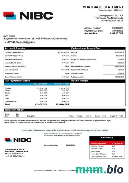 Holandia NIBC Bank wyciąg z kredytu hipotecznego szablon Word i PDF